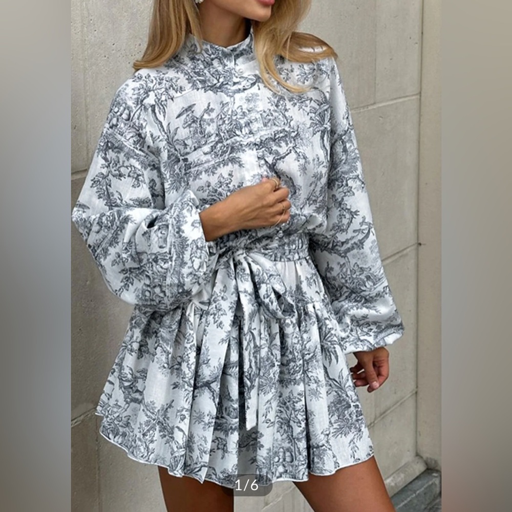 Commense Ink Painting Print Tie Up A-Line Short Dress NWOT